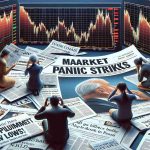 Create a high definition, photo-realistic illustration capturing the essence of a financial market crisis. The image should vividly showcase a graph with plummeting curves symbolizing steep declines in the stock market. Newspapers with headlines such as 'Market Panic Strikes!' and 'Stocks Plummet to New Lows' should be scattered around, conveying a sense of financial distress and urgency. People (of different genders and descents: a Caucasian woman, an African man, an Asian man, and a Hispanic woman) huddling over these reports with obvious signs of panic and worry on their faces should also be visible to enhance the tumultuous feeling of the scene.