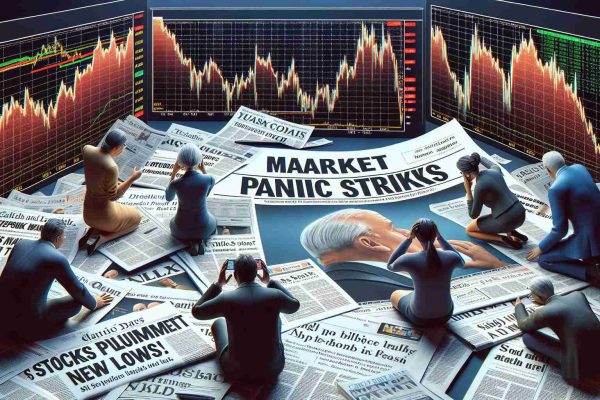 Create a high definition, photo-realistic illustration capturing the essence of a financial market crisis. The image should vividly showcase a graph with plummeting curves symbolizing steep declines in the stock market. Newspapers with headlines such as 'Market Panic Strikes!' and 'Stocks Plummet to New Lows' should be scattered around, conveying a sense of financial distress and urgency. People (of different genders and descents: a Caucasian woman, an African man, an Asian man, and a Hispanic woman) huddling over these reports with obvious signs of panic and worry on their faces should also be visible to enhance the tumultuous feeling of the scene.