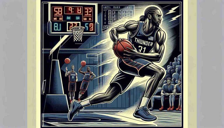 Create a detailed, high-definition illustration of a proficient basketball player, known as Williams, who has been consistently achieving high scores. Display him dynamically in motion on the basketball court, the buzzer rings and the spectators are in an uproar, observing in anticipation. Can this exciting player guide his team, symbolized by thunder, to an undeniable triumph? Let's visually explore his potential to do so.