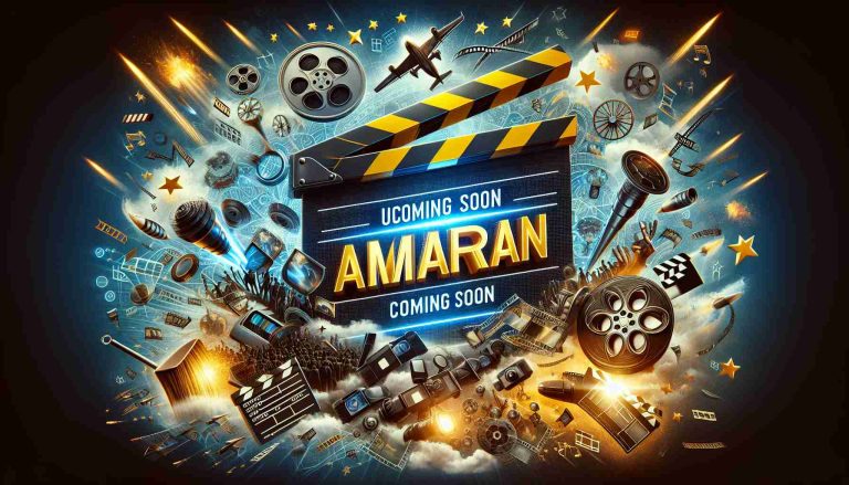 Generate an ultra high-definition image portraying the excitement surrounding the upcoming release of a highly anticipated blockbuster movie called 'Amaran'. Include elements such as a coming soon sign, a film reel, a clapperboard, the title 'Amaran', and surrounding buzz and anticipation.