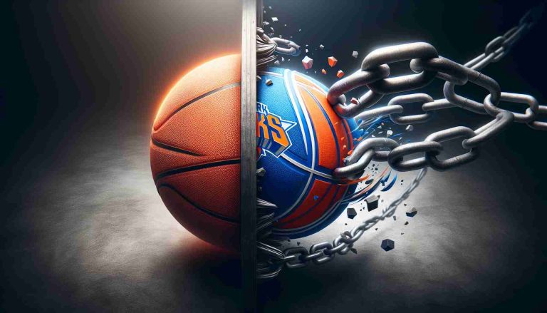 Realistic high-definition photo of a conceptual representation of two basketball teams, one symbolizing the New York Knicks maintaining their momentum, portrayed by a spinning basketball, and the other symbolizing the Detroit Pistons breaking free, portrayed by a basketball breaking chains.