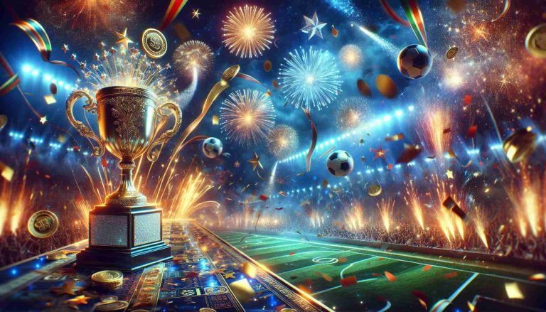 Generate a realistic, high definition image portraying the theme of an unbelievable victory. Convey the anticipation and excitement of a New Year's fortune awaiting one lucky player. Capture the thrill of possibility, the sparkle of new beginnings, and the enchanting allure of potential wealth. The image is celebrating a special moment in a game, perhaps involving elements such as a festive backdrop of fireworks bursting with colors, confetti raining down, and a golden trophy gleaming.