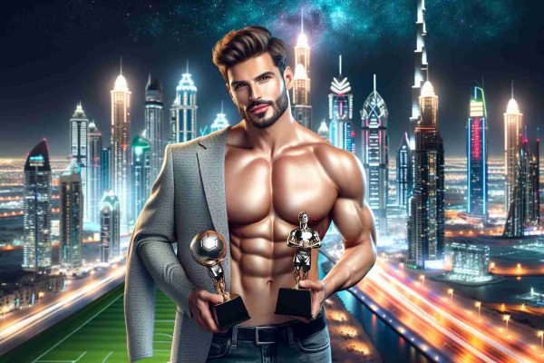 A realistic HD image of a charismatic, athletic male footballer having a dazzling night in the city of Dubai. The footballer has a muscular build and sports stylish attire. He's proudly holding two recognisable football awards in his hands, with the glimmering cityscape of Dubai as his backdrop, teeming with vibrant colors of nighttime lights.