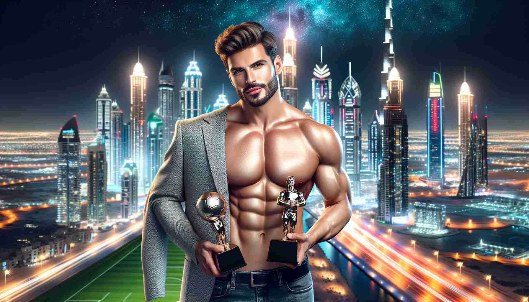 A realistic HD image of a charismatic, athletic male footballer having a dazzling night in the city of Dubai. The footballer has a muscular build and sports stylish attire. He's proudly holding two recognisable football awards in his hands, with the glimmering cityscape of Dubai as his backdrop, teeming with vibrant colors of nighttime lights.