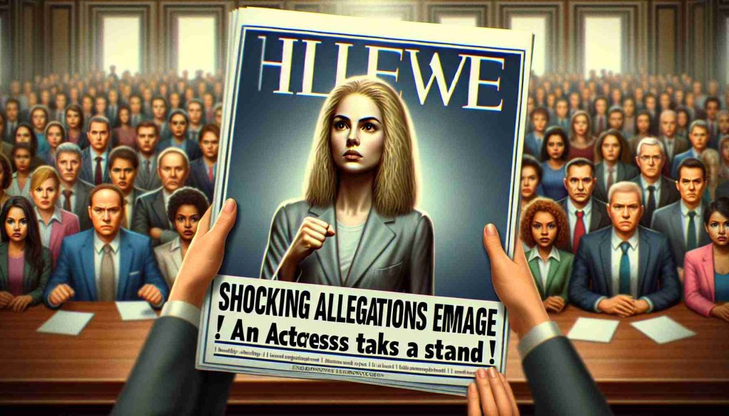 Generate a realistic, high-definition illustration that symbolizes the concept of shocking allegations emerging. In the scene, an anonymous blonde woman, resembling a Hollywood actress, is assertively taking a stand. The atmosphere is tense and significant. The image should be designed as if it's the cover of an influential magazine, with the headline 'Shocking Allegations Emerge: An Actress Takes a Stand!' prominently displayed.