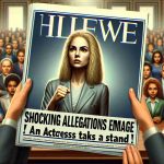 Generate a realistic, high-definition illustration that symbolizes the concept of shocking allegations emerging. In the scene, an anonymous blonde woman, resembling a Hollywood actress, is assertively taking a stand. The atmosphere is tense and significant. The image should be designed as if it's the cover of an influential magazine, with the headline 'Shocking Allegations Emerge: An Actress Takes a Stand!' prominently displayed.