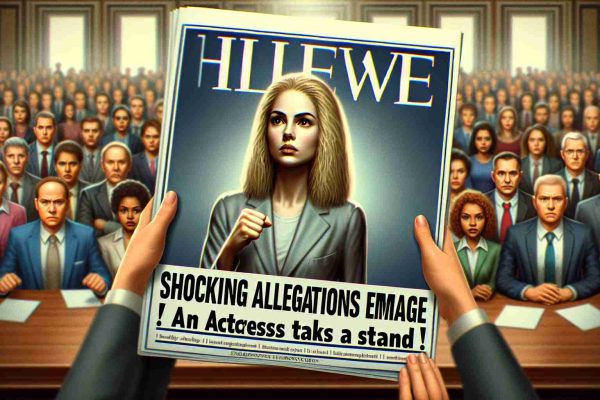 Generate a realistic, high-definition illustration that symbolizes the concept of shocking allegations emerging. In the scene, an anonymous blonde woman, resembling a Hollywood actress, is assertively taking a stand. The atmosphere is tense and significant. The image should be designed as if it's the cover of an influential magazine, with the headline 'Shocking Allegations Emerge: An Actress Takes a Stand!' prominently displayed.