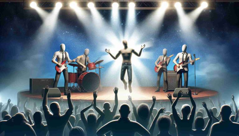 A realistic, high-definition illustration of an incredible surprise happening on stage. A popular rock band is performing in full swing, when unanticipatedly but warmly, an anonymous figure takes the stage. The crowd and the band members all express evident shock and joy. Please note the figure should not resemble any real person or celebrity.