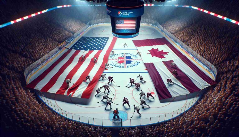 A high-definition image showing the unfolding of a World Juniors hockey matchup between two national teams, one represented by a star-spangled banner and the other by a maroon-white-maroon flag encounter. The team represented by the star-spangled banner is taking the upper hand on the ice. The intense atmosphere of the match is palpable with crowd filling the stadium, excited to see the outcomes.