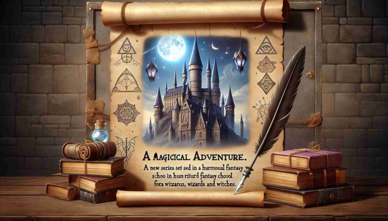 Depict a realistic HD photo of an announcement for a magical adventure. Display details about a new series set in a humorous fantasy school for wizards and witches. The scene should involve an aged parchment paper with magical symbols. A quill should be resting next to it. Include in the backdrop a grandioso castle with spires and towers under a bright moon.