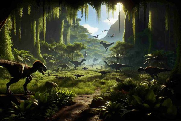 A high-definition, realistic visual showing the adventure of a prehistoric world. The scenery should depict a primal landscape, teeming with various dinosaur species, and lush greenery. Imbue the scene with a sense of mystery and anticipation, implying a journey of discovery and survival in this reborn Jurassic world. Note the details of the flora and fauna – the way sunlight filters through the dense canopy, the sizes and variety of the dinosaurs, and small details like the texture of plants or the scales on a dinosaur's skin.