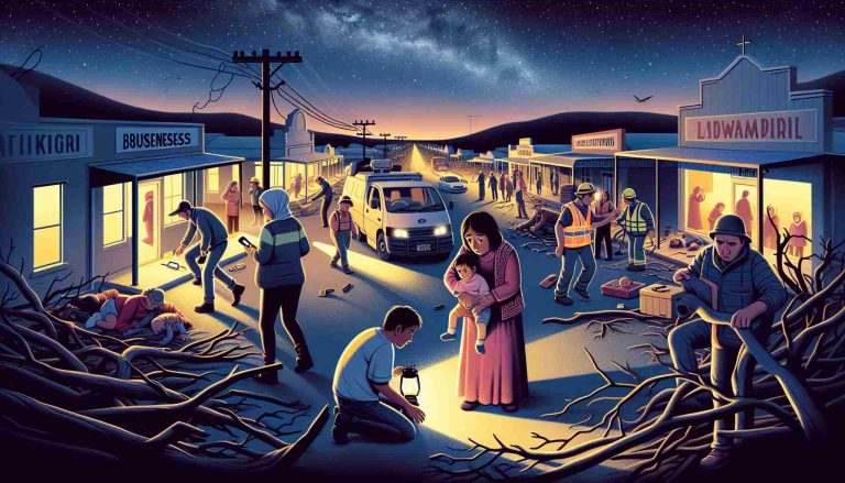 An HD illustration capturing the situation of a power outage in the far west of Australia. Visualize a darkened town with streetlights out, businesses closed, and homes enveloped in darkness. Depict the local community reacting - some people trying to navigate with torches, others grouping together for safety. Include a variety of descent and gender in the mix: a Middle-Eastern female cautiously stepping over fallen branches, a Caucasian male using a handheld radio, a Hispanic female comforting a scared child. The background should reveal the expansive Australian landscape under a starlit sky.