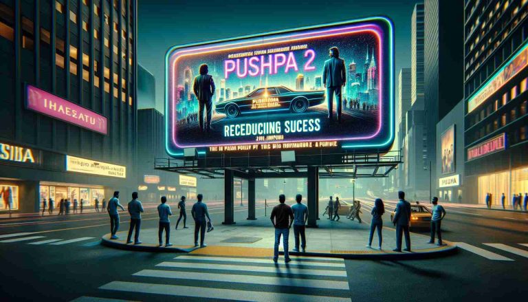 Generate a realistic high-definition image visualizing the hype around the sequel to a popular movie called 'Pushpa 2'. The setting includes a large neon sign catching everyone's attention - displaying the title 'Pushpa 2' on a city billboard, accompanied by slogans predicting record-breaking success for the movie. People stopping to admire the billboard, expressing their excitement and expectations for this big cinema event.