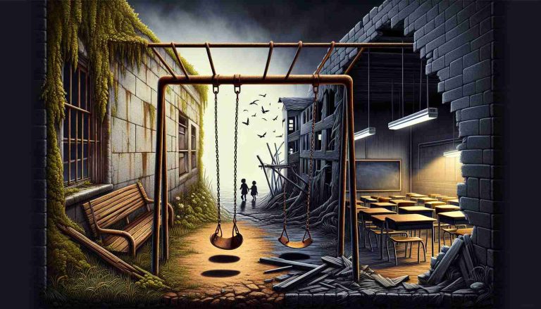 A symbolic image representing the sad reality of lapses in child protection. This could feature a rusted, forgotten swing set in an overgrown playground signifying neglect, an empty classroom with dust-covered desks signifying lack of education, and a dimly lit, somewhat foreboding alleyway signifying danger. All elements should be combined in a powerful and artistically compelling scene to drive home the urgent need for child protection reform. The image should be realistic and in high definition.