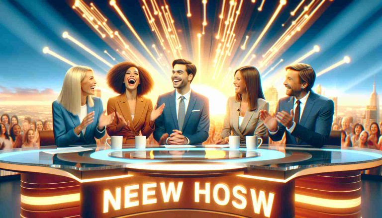 Realistic high-definition image of a popular morning talk show scene, filled with excitement due to new hosts. Bright energy can be seen in the expressions of the new faces. The hosts include a male and female, one of Caucasian descent and the other of Asian descent. They are discussing, animatedly, the major changes that have taken place in the show. Behind them, the set glows with a vibrant yet welcoming warmth, reflecting the dawn of a new era.