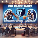 Create an HD rendering of a scenario set in a sports conference room, where a group of basketball team executives are engaged in vigorous, animated discussion. The room contains hints of the Memphis Grizzlies, such as teams' logos and color schemes subtly incorporated into the décor. On a large screen or whiteboard, vividly display the phrase 'Big Trade Talk! Who's Joining the Grizzlies in a Shocking Move?'