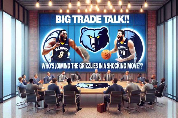 Create an HD rendering of a scenario set in a sports conference room, where a group of basketball team executives are engaged in vigorous, animated discussion. The room contains hints of the Memphis Grizzlies, such as teams' logos and color schemes subtly incorporated into the décor. On a large screen or whiteboard, vividly display the phrase 'Big Trade Talk! Who's Joining the Grizzlies in a Shocking Move?'