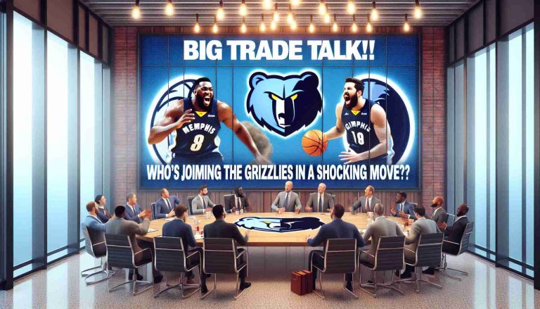 Create an HD rendering of a scenario set in a sports conference room, where a group of basketball team executives are engaged in vigorous, animated discussion. The room contains hints of the Memphis Grizzlies, such as teams' logos and color schemes subtly incorporated into the décor. On a large screen or whiteboard, vividly display the phrase 'Big Trade Talk! Who's Joining the Grizzlies in a Shocking Move?'