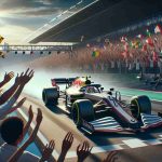 Generate a realistic high-definition image depicting a significant event in Formula 1 racing. The scene should capture the moment where a new and promising race car driver, who is a Middle-Eastern female, steps into the spotlight. Fill the frame with vibrant colors of the racing tracks, the sleek design of the race car, and the jubilant crowd with various flags fluttering in the air.