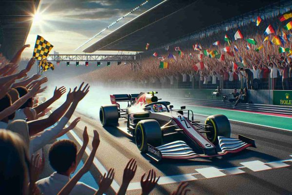 Generate a realistic high-definition image depicting a significant event in Formula 1 racing. The scene should capture the moment where a new and promising race car driver, who is a Middle-Eastern female, steps into the spotlight. Fill the frame with vibrant colors of the racing tracks, the sleek design of the race car, and the jubilant crowd with various flags fluttering in the air.