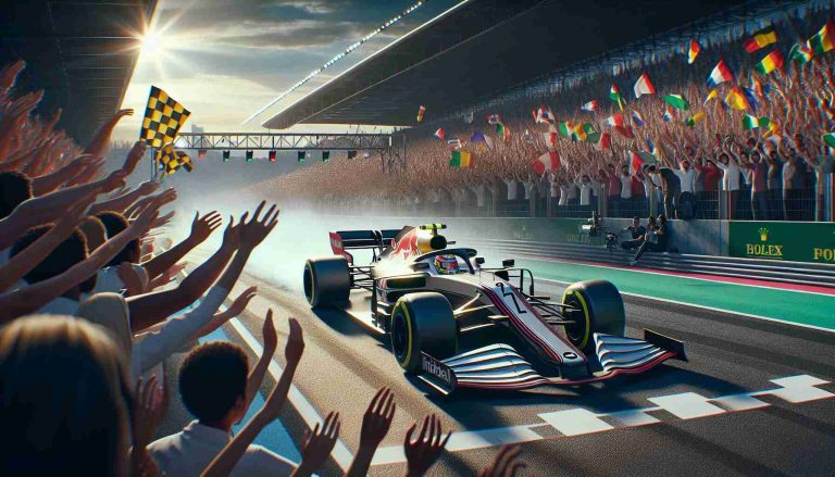 Generate a realistic high-definition image depicting a significant event in Formula 1 racing. The scene should capture the moment where a new and promising race car driver, who is a Middle-Eastern female, steps into the spotlight. Fill the frame with vibrant colors of the racing tracks, the sleek design of the race car, and the jubilant crowd with various flags fluttering in the air.