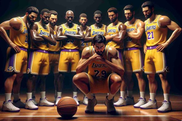 Realistic high definition image depicting a basketball team facing adversity, with one of their key players missing. The team wears yellow and purple uniforms symbolic of the Lakers team. Visualize the shaken expressions of the team members, the tense atmosphere, and the challenge they are about to overcome in a high-stakes basketball game.