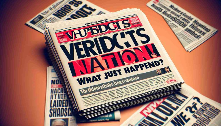 Generate a high definition, realistic image of a newspaper headline that says 'Verdict Shocks Nation! What Just Happened?' The picture should show a close-up view of the headline with glimpses of some other headlines and news pieces around it.