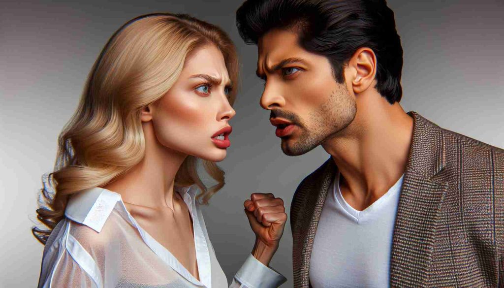 Realistic HD photo of a fair-complexioned and blonde actress clashing with a handsome actor of Italian descent over an inexplicably problematic assertion. Both are known figures in the entertainment industry.