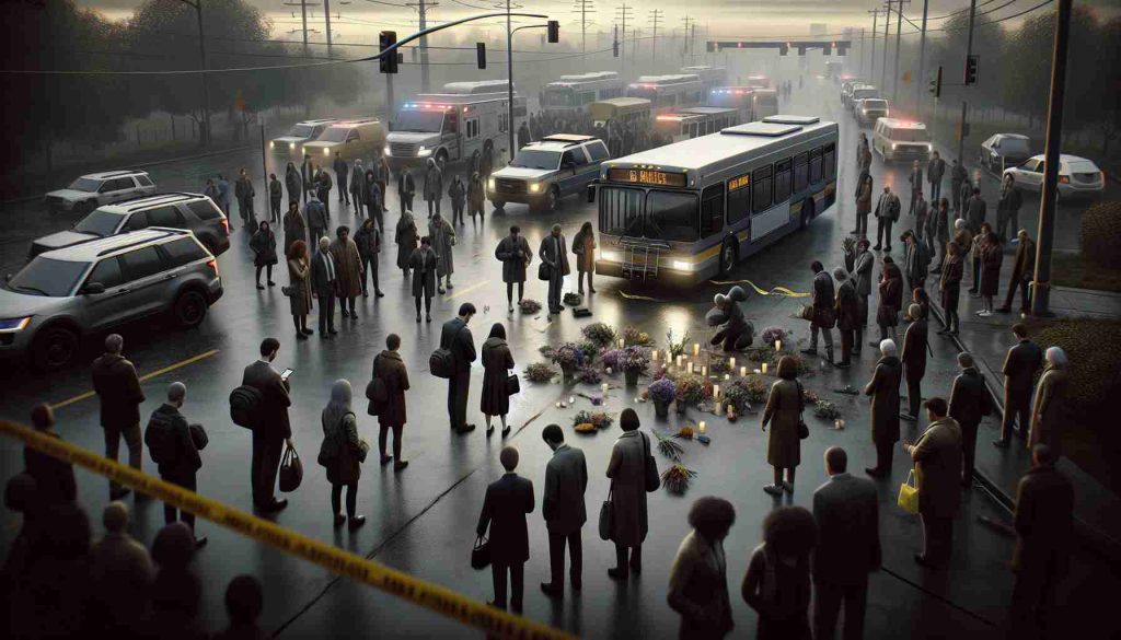 A realistic, high-definition image of a melancholic scene. We're viewing a somber ambiance around an idle city bus stationed in a typical urban setting. There's a dense crowd of concerned and grief-stricken individuals, a mix of men and women from various descents. In the foreground, some people are laying down bouquets of flowers as a tribute. The surrounding area is cordoned off with yellow caution tapes and we can see the faintly flashing lights of emergency vehicles. There's a muted sky backdrop adding to the overall gloominess. The image should convey the tragic loss of a bus driver.