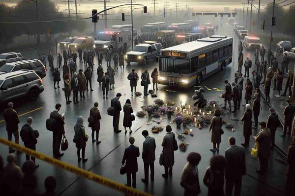 A realistic, high-definition image of a melancholic scene. We're viewing a somber ambiance around an idle city bus stationed in a typical urban setting. There's a dense crowd of concerned and grief-stricken individuals, a mix of men and women from various descents. In the foreground, some people are laying down bouquets of flowers as a tribute. The surrounding area is cordoned off with yellow caution tapes and we can see the faintly flashing lights of emergency vehicles. There's a muted sky backdrop adding to the overall gloominess. The image should convey the tragic loss of a bus driver.