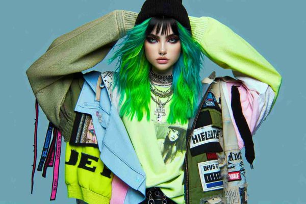 High definition realistic image of a young female singer who is known for pushing the boundaries with her daring and unconventional fashion choices. She has neon green colored layered hair, love for oversized clothing, combined with an eclectic mix of styles like streetwear, punk, and gothic influences.