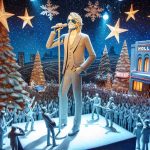 A detailed depiction of a famous musician, not recognizable but with similar traits such as blonde hair and a tall, slim physique. They are taking the entertainment industry by storm! Specifically, imagine a Christmas special event in Hollywood where this figure is the trending topic. Stunning Christmas decorations like twinkling lights, giant decorated trees, and stars are all around. Snowflakes gently fall in this lavish scene. A crowd of excited people awaits the musician's performance.