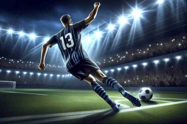 A realistic HD illustration capturing the essence of a thrilling night of soccer triumph. Show the spotlight shining bright on a star player of a top-tier soccer team, portraying him in the midst of scoring the first goal of the match. The uniform is striped in black and blue, matching the night sky above the packed stadium. Final note: this is a universally inclusive sport, and the player can be of any descent to reflect this diversity.