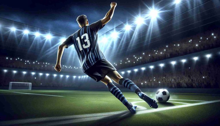 A realistic HD illustration capturing the essence of a thrilling night of soccer triumph. Show the spotlight shining bright on a star player of a top-tier soccer team, portraying him in the midst of scoring the first goal of the match. The uniform is striped in black and blue, matching the night sky above the packed stadium. Final note: this is a universally inclusive sport, and the player can be of any descent to reflect this diversity.