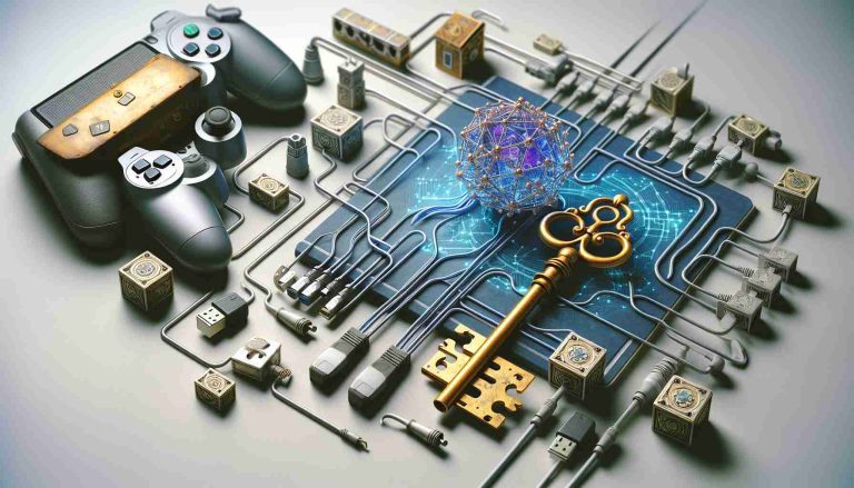 Craft a high-definition, realistic style image visualizing the act of discovering and unlocking the secrets of today's technological connections. Show interconnected cables and nodes symbolizing internet connectivity, an antique skeleton key representing unlocking, and a playful gaming console ready for use to denote readiness to play.