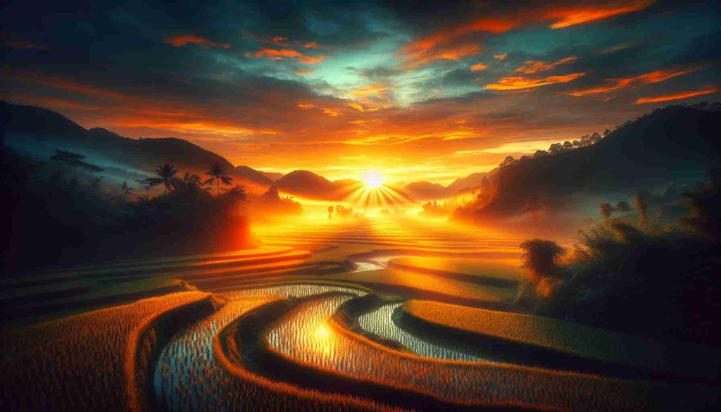 Create a realistic, high-definition image of Vietnam displaying its vibrant natural beauty. The scene captures the radiant dawn, the time when a new day begins. The sunrise over the horizon glimmers in a multitude of golden and orange hues, reflecting its warmth across the dewy surface of rice fields. The scenic beauty is underscored by the sense of tranquility and the anticipation of a day full of opportunities and victories.