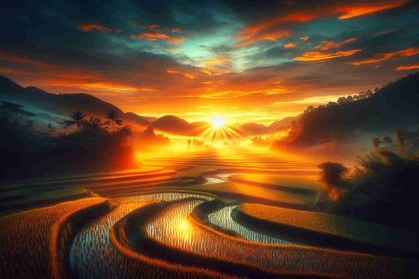 Create a realistic, high-definition image of Vietnam displaying its vibrant natural beauty. The scene captures the radiant dawn, the time when a new day begins. The sunrise over the horizon glimmers in a multitude of golden and orange hues, reflecting its warmth across the dewy surface of rice fields. The scenic beauty is underscored by the sense of tranquility and the anticipation of a day full of opportunities and victories.