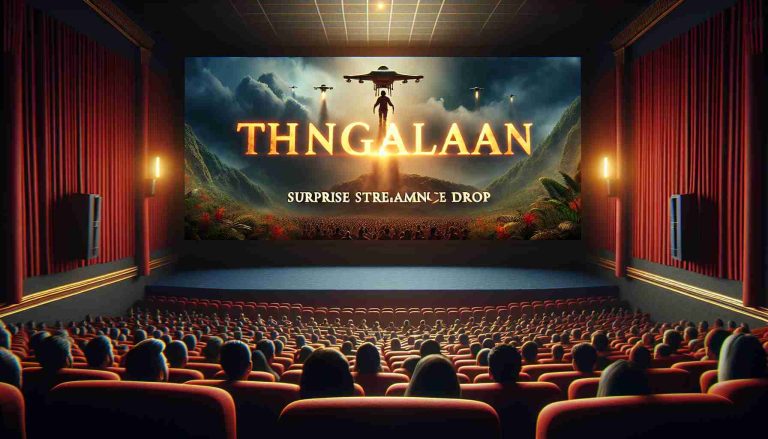 Create a realistic HD quality image emphasizing the excitement and anticipation of a surprise streaming service drop, titled 'Thangalaan'. The focus should be on a cinema setting with the name prominently displayed on a large cinema screen. Additionally, include movie enthusiasts eagerly gearing up to stream this new sensation.