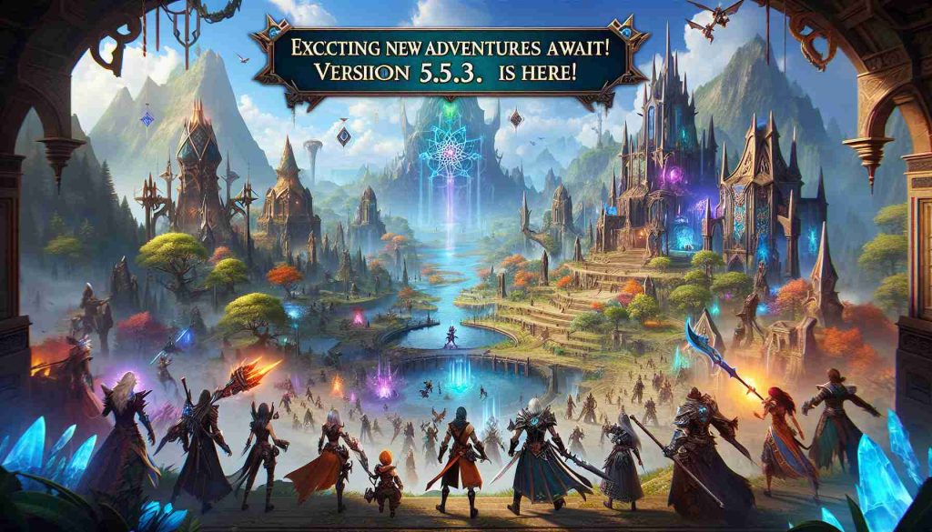 A screenshot styled image titled 'Exciting New Adventures Await! Version 5.3 is Here!' for a fictional open-world action role-playing video game. It showcases a vast landscape with breathtaking vistas, ancient structures, and mystical elements. There are several characters on screen, each with unique features, costumes, weapons, and skills, posed in anticipation of battle. The color palette is vibrant and the graphics are of high-definition quality, providing a truly immersive gaming experience.