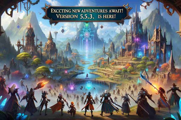 A screenshot styled image titled 'Exciting New Adventures Await! Version 5.3 is Here!' for a fictional open-world action role-playing video game. It showcases a vast landscape with breathtaking vistas, ancient structures, and mystical elements. There are several characters on screen, each with unique features, costumes, weapons, and skills, posed in anticipation of battle. The color palette is vibrant and the graphics are of high-definition quality, providing a truly immersive gaming experience.