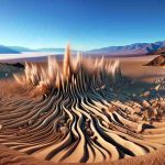 Generate a realistic, high-definition image capturing the moment a major earthquake unleashes ripples across Death Valley. The once flat terrain has erupted into a series of wave-like patterns due to the ground-shaking. Sand and rocks are being tossed into the air. The view is panoramic, capturing the vast desert landscape under a cloudless blue sky.