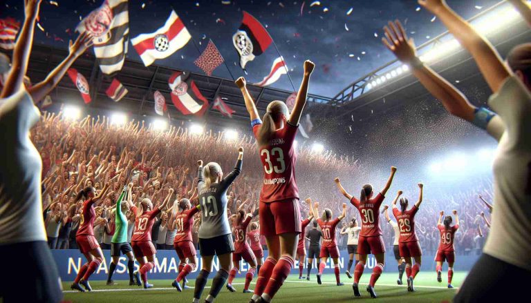 A high definition, realistic image of a celebratory scene after a historic victory in the Women's Champions League. Depict the jubilant players from the winning team on the football field, their faces alight with joy and determination. The crowd in the stands are a roiling sea of celebration, their cheers almost palpable. Banners and flags flutter in the air, but avoid any specific team names or logos.