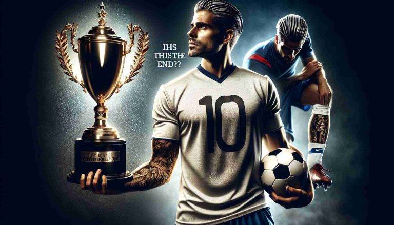 Generate a realistic, high-definition image of a male professional footballer, depicting his career journey from success to struggle. This story could be represented through symbolic elements such as a shining trophy leading to a less glossy ball to showcase the tension. A question in the atmosphere could be suggested with 'Is this the end?'. Remember, the footballer should be Caucasian, possessed with signature slicked-back hair, calf tattoos, and wearing the number 10 football jersey.