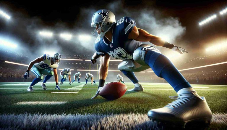 Realistic, high-definition image of the atmosphere of an anticipated football game, with a key player poised to challenge an opposing team known as the Cowboys. The scene is filled with anticipation and excitement, showcasing dynamic action on the football field.