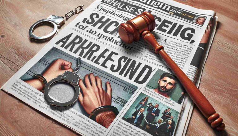 A detailed image portraying a surprising and stunning fictional news headline. The headline reads about a shocking arrest of a well-known celebrity from a popular reality television show, causing a wave of shock and surprise among the fanbase. The layout mimics that of a magazine spread with enticing headlines and subheadlines, coupling with a high-definition picture of handcuffs or a gavel to represent the justice system. This depiction should be realistic and in high definition.