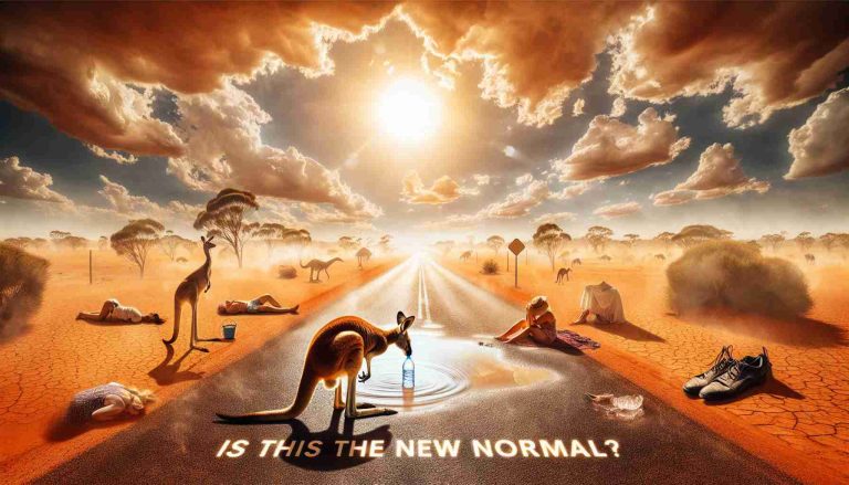 Create a realistic, high-definition image representing an intense heatwave in Australia. Depict the arid landscape under the scorching sun, with mirages forming over the hot asphalt roads and the air shimmering from the heat. Include visual elements like wilting plant life, a thirsty kangaroo looking for water, and human beings draped in clothes to protect themselves, seeking shelter. Make sure to capture the essence of extreme temperature, placing emphasis on the possible implications of climate change. Please include text somewhere in the image saying 'Is This the New Normal?'