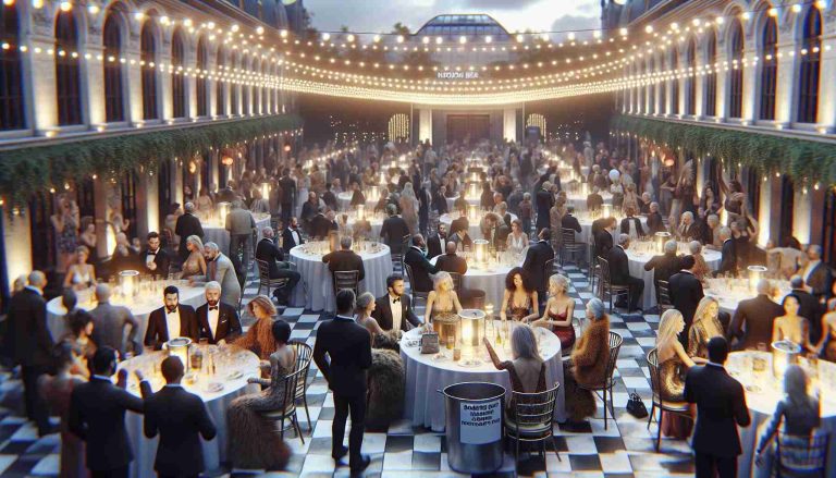 A realistic, high-definition image capturing a charity event at an iconic location. The event is filled with people from various backgrounds, each elegantly dressed for the occasion. Among the crowd, note several individuals who stand out due to their charismatic personalities – these are not specific celebrities, but rather people exuding the glamour and allure typically associated with fame. The venue is beautifully decorated with string lights, banners and balloons, conveying an atmosphere of high spirits and generosity. The primary focus of the event is to raise funds, depicted by a large donation box and people generously contributing to it.