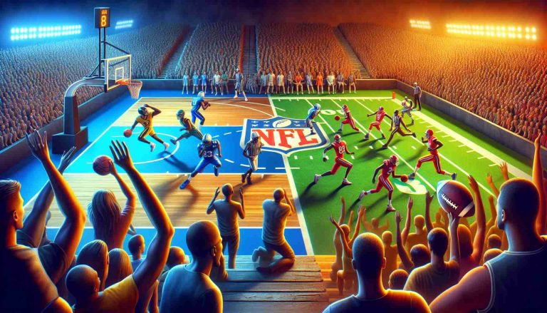 High-definition realistic depiction of an engaging scene comparing basketball and American football. Illustrate the growing popularity of basketball with a vibrant game in progress, the players in heated competition and the spectators roaring in excitement. Show the presence of NFL being questioned by representing an American Football game in the background, with fewer spectators observing it. Include a visible tension between the two with an overlay of contrasting colors to symbolize the shift in dominance.