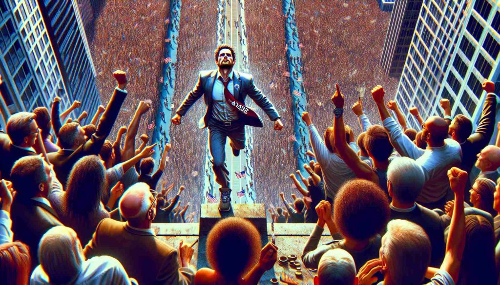 A vivid, high definition image capturing the thrilling ascension of a fictional character named Sam Konstas. He must be depicted as a person of victory, breaking records in his field. The fervor, the exhilaration, and dedication should be evident. Maybe he is standing atop a skyscraper, a sea of people celebrating below or him crossing a finish line, people cheering him on, breaking the record. Note that all individuals in the crowd below or at the sidelines should be of diverse gender and descents such as Caucasian, Hispanic, Black, Middle-Eastern, and South Asian.