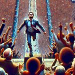 A vivid, high definition image capturing the thrilling ascension of a fictional character named Sam Konstas. He must be depicted as a person of victory, breaking records in his field. The fervor, the exhilaration, and dedication should be evident. Maybe he is standing atop a skyscraper, a sea of people celebrating below or him crossing a finish line, people cheering him on, breaking the record. Note that all individuals in the crowd below or at the sidelines should be of diverse gender and descents such as Caucasian, Hispanic, Black, Middle-Eastern, and South Asian.